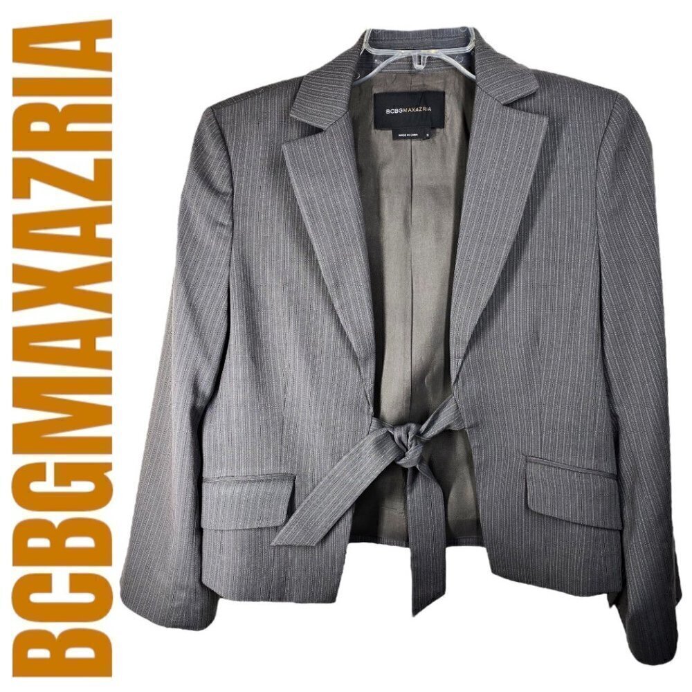 BCBGMAXAZRIA Lolita Cropped Taupe Pinstriped Tie Front Blazer Jacket, Size Small